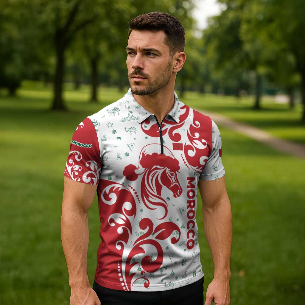 Morocco Christmas Zipper Polo Shirt with Red Horse Santa Hat Arabesque Pattern and Holiday Icons Design - Wonder Print Shop