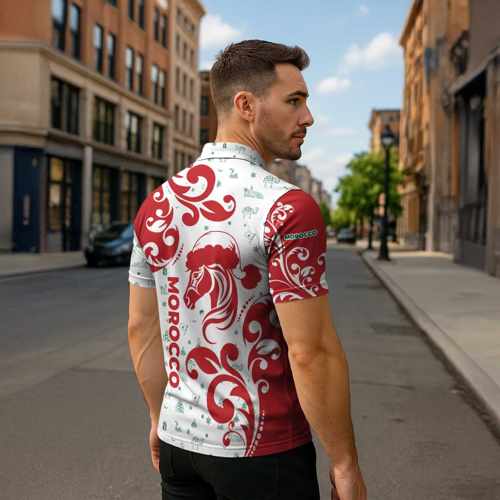 Morocco Christmas Zipper Polo Shirt with Red Horse Santa Hat Arabesque Pattern and Holiday Icons Design - Wonder Print Shop