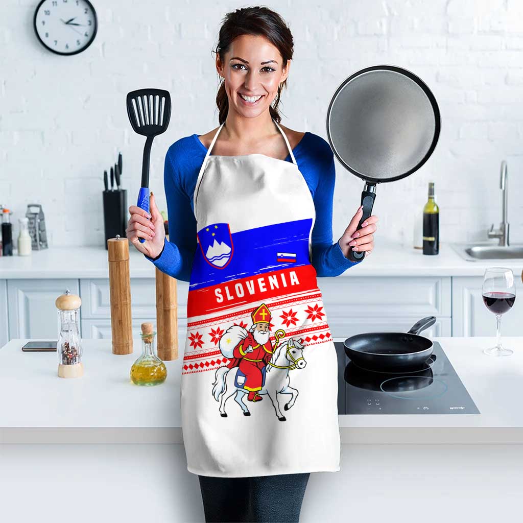 Slovenia Christmas Apron with Saint Nicholas White Horse Snowflake Pattern and National Flag Design - Wonder Print Shop