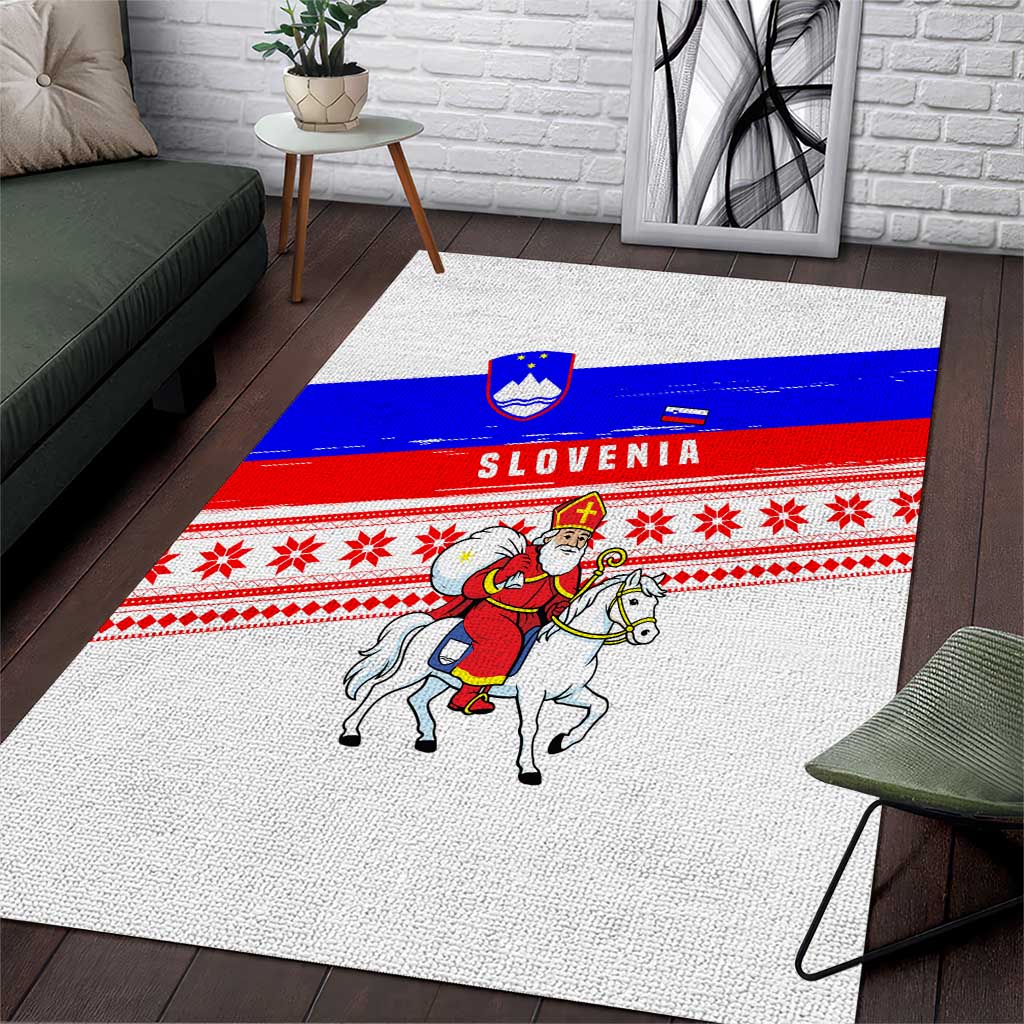 Slovenia Christmas Area Rug with Saint Nicholas White Horse Snowflake Pattern and National Flag Design - Wonder Print Shop
