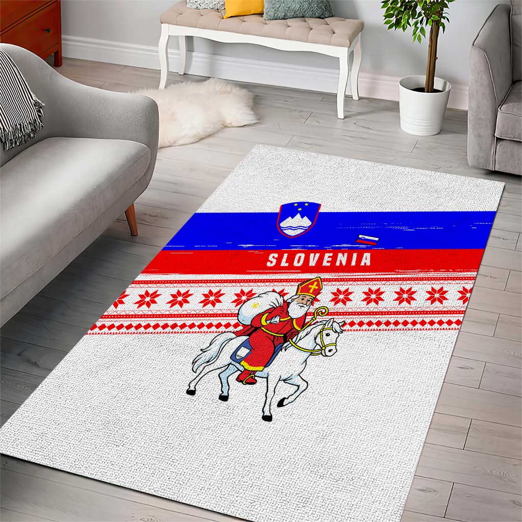 Slovenia Christmas Area Rug with Saint Nicholas White Horse Snowflake Pattern and National Flag Design - Wonder Print Shop
