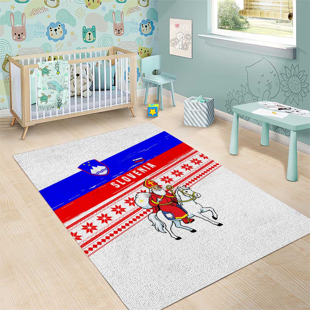 Slovenia Christmas Area Rug with Saint Nicholas White Horse Snowflake Pattern and National Flag Design - Wonder Print Shop