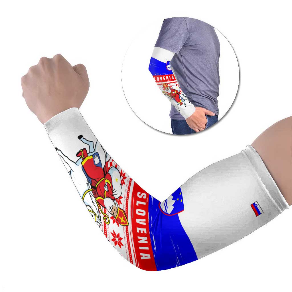 Slovenia Christmas Arm Sleeves with Saint Nicholas White Horse Snowflake Pattern and National Flag Design - Wonder Print Shop