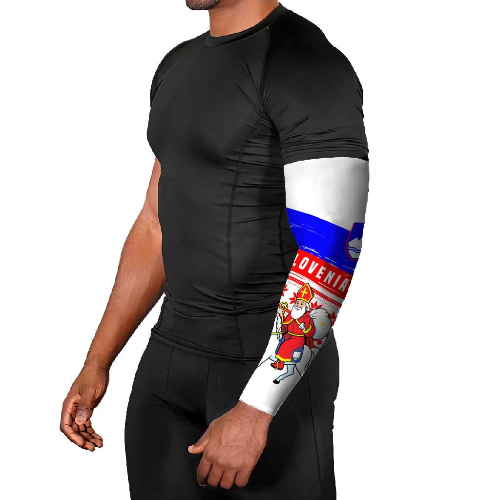 Slovenia Christmas Arm Sleeves with Saint Nicholas White Horse Snowflake Pattern and National Flag Design - Wonder Print Shop