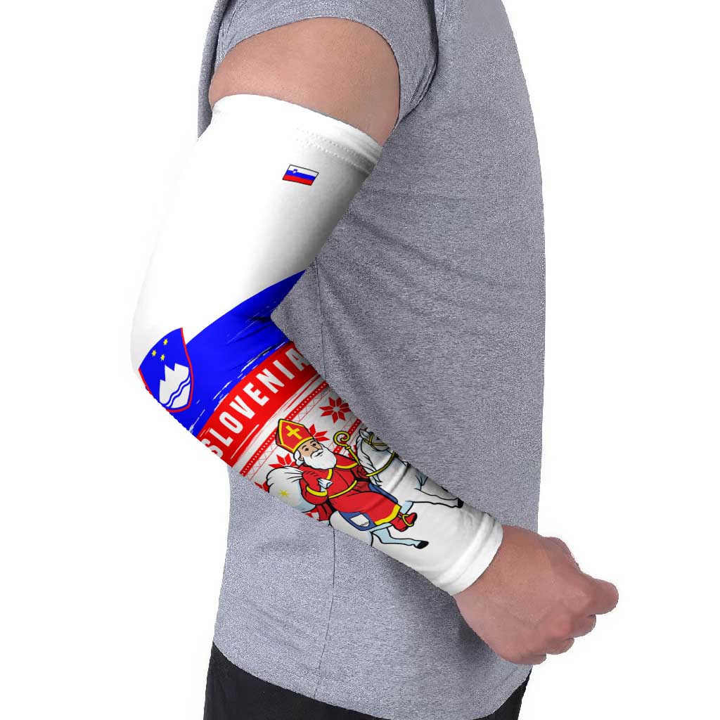Slovenia Christmas Arm Sleeves with Saint Nicholas White Horse Snowflake Pattern and National Flag Design - Wonder Print Shop