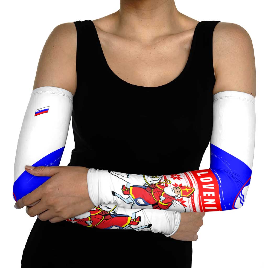 Slovenia Christmas Arm Sleeves with Saint Nicholas White Horse Snowflake Pattern and National Flag Design - Wonder Print Shop