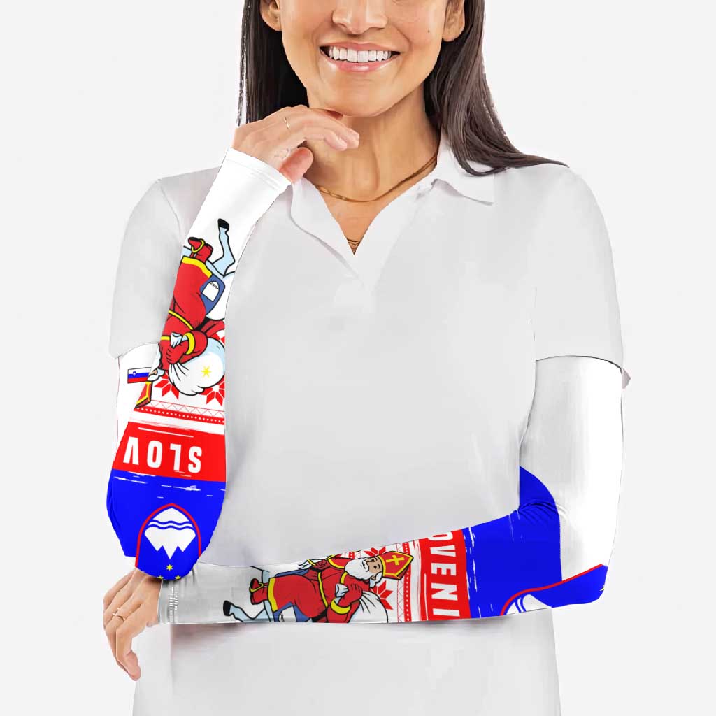 Slovenia Christmas Arm Sleeves with Saint Nicholas White Horse Snowflake Pattern and National Flag Design - Wonder Print Shop