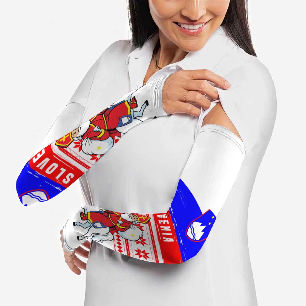 Slovenia Christmas Arm Sleeves with Saint Nicholas White Horse Snowflake Pattern and National Flag Design - Wonder Print Shop