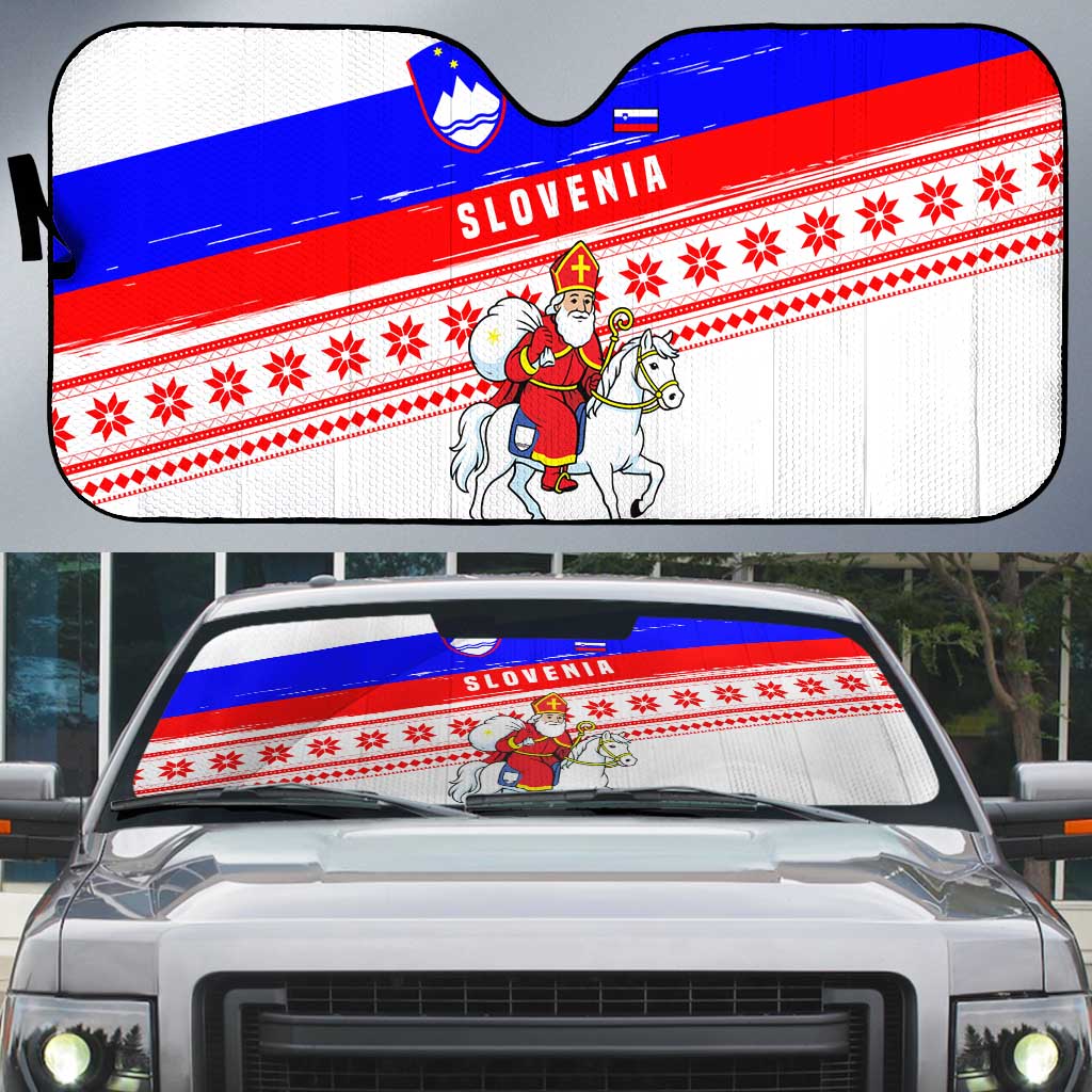 Slovenia Christmas Auto Sun Shade with Saint Nicholas White Horse Snowflake Pattern and National Flag Design - Wonder Print Shop