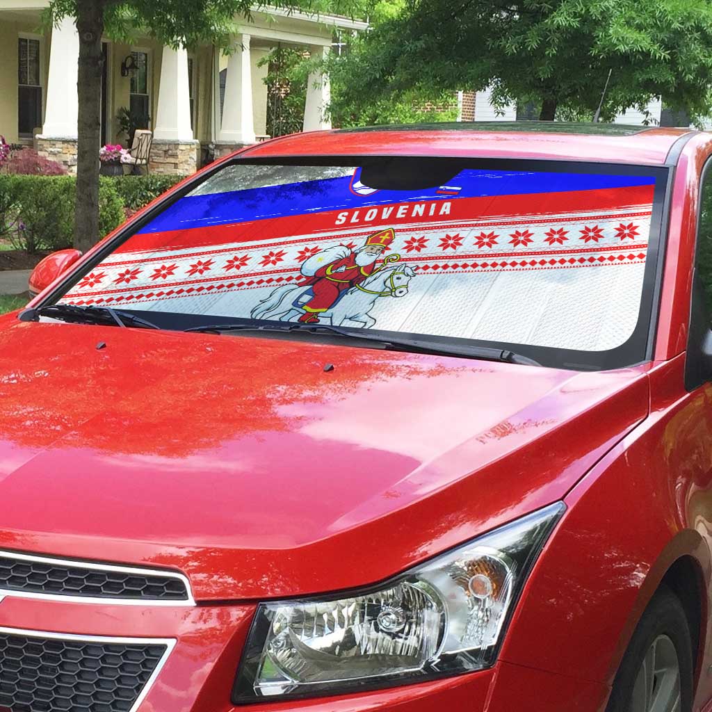 Slovenia Christmas Auto Sun Shade with Saint Nicholas White Horse Snowflake Pattern and National Flag Design - Wonder Print Shop