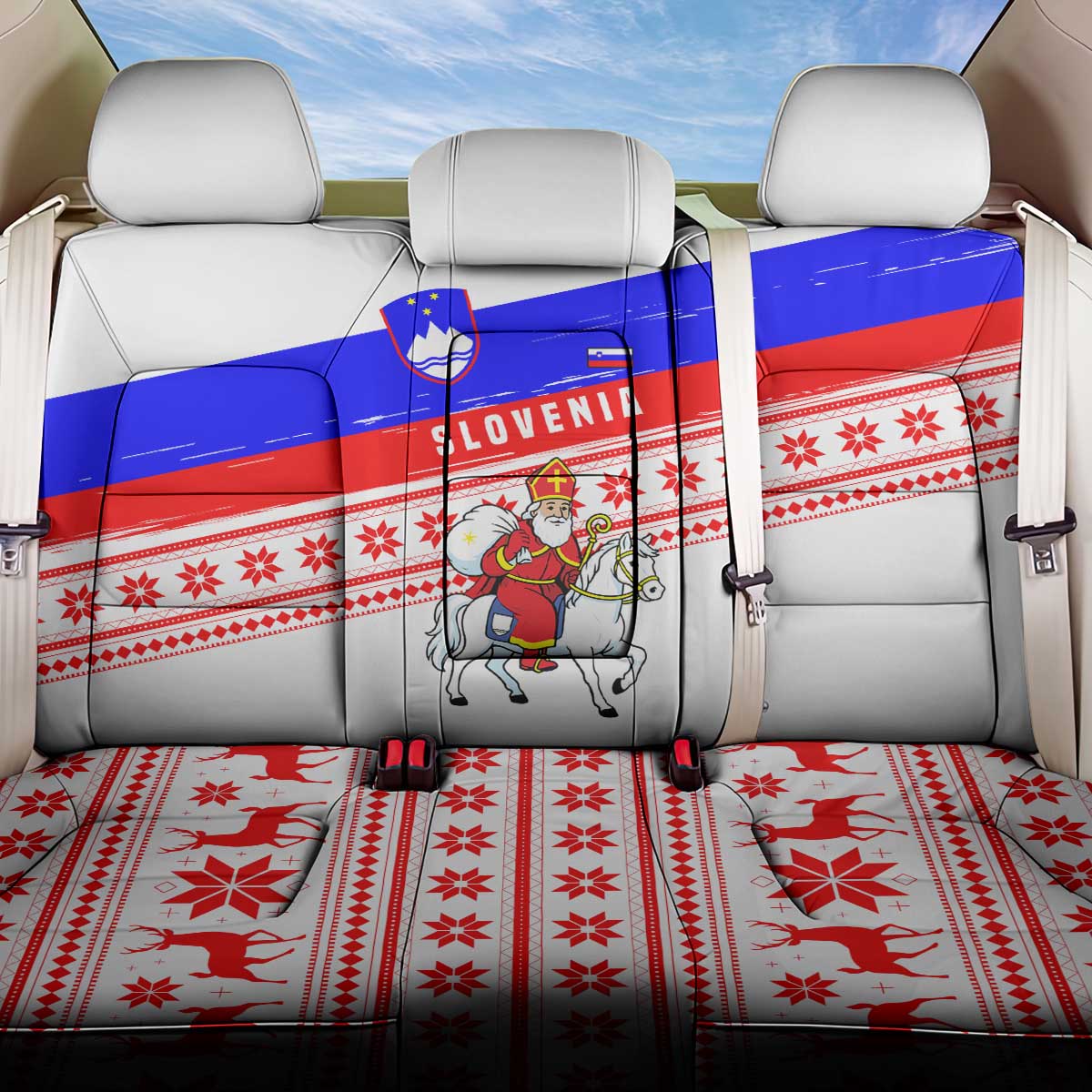 Slovenia Christmas Back Car Seat Cover with Saint Nicholas White Horse Snowflake Pattern and National Flag Design - Wonder Print Shop