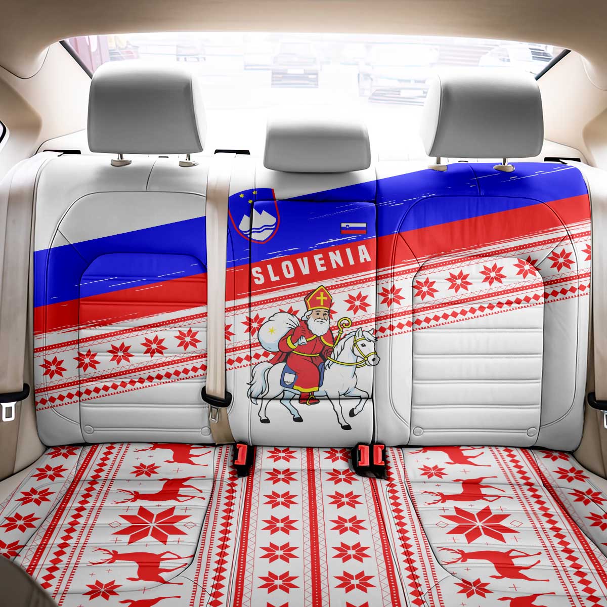 Slovenia Christmas Back Car Seat Cover with Saint Nicholas White Horse Snowflake Pattern and National Flag Design - Wonder Print Shop