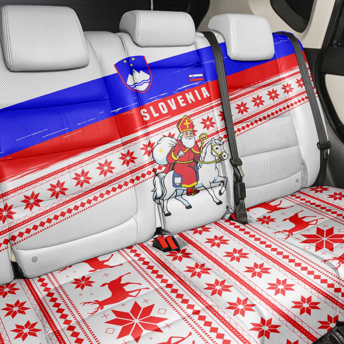 Slovenia Christmas Back Car Seat Cover with Saint Nicholas White Horse Snowflake Pattern and National Flag Design - Wonder Print Shop