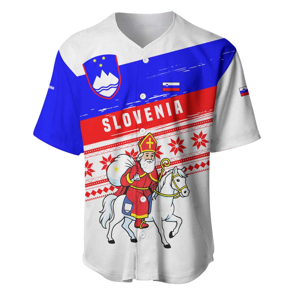 Slovenia Christmas Baseball Jersey with Saint Nicholas White Horse Snowflake Pattern and National Flag Design - Wonder Print Shop