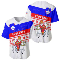 Slovenia Christmas Baseball Jersey with Saint Nicholas White Horse Snowflake Pattern and National Flag Design - Wonder Print Shop