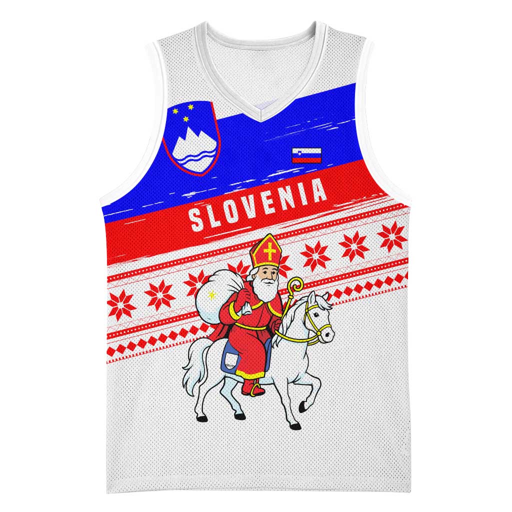 Slovenia Christmas Basketball Jersey with Saint Nicholas White Horse Snowflake Pattern and National Flag Design - Wonder Print Shop