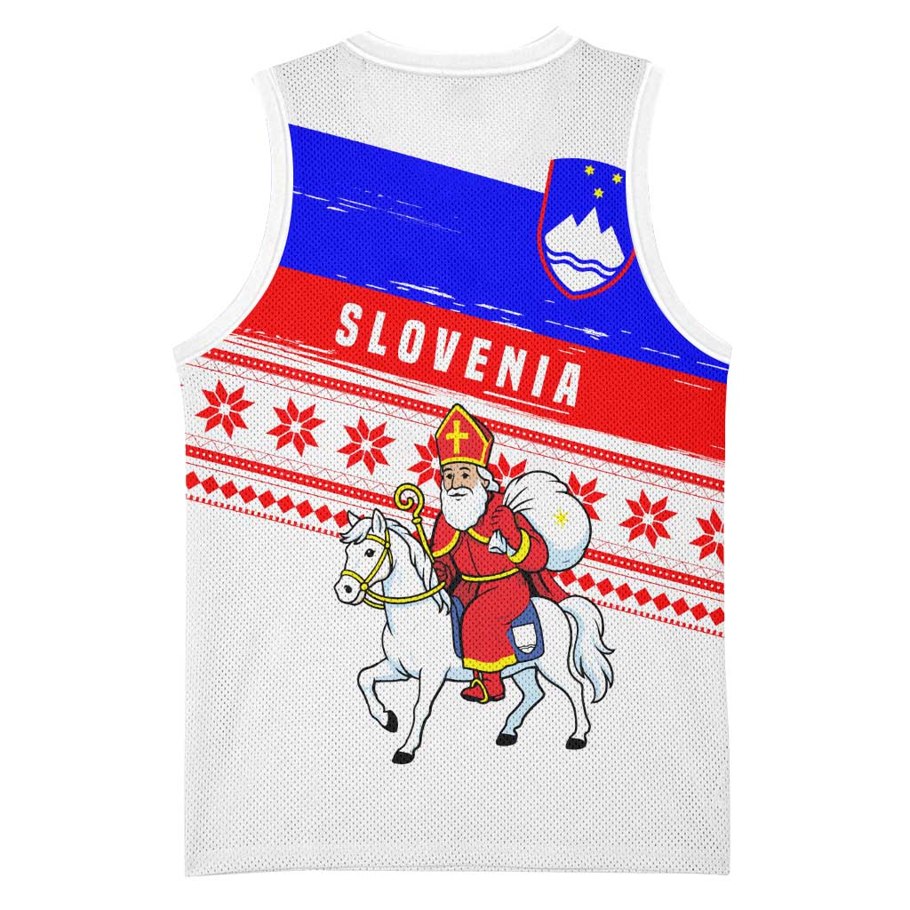 Slovenia Christmas Basketball Jersey with Saint Nicholas White Horse Snowflake Pattern and National Flag Design - Wonder Print Shop