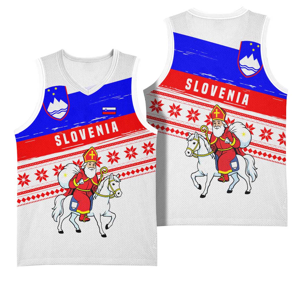 Slovenia Christmas Basketball Jersey with Saint Nicholas White Horse Snowflake Pattern and National Flag Design - Wonder Print Shop
