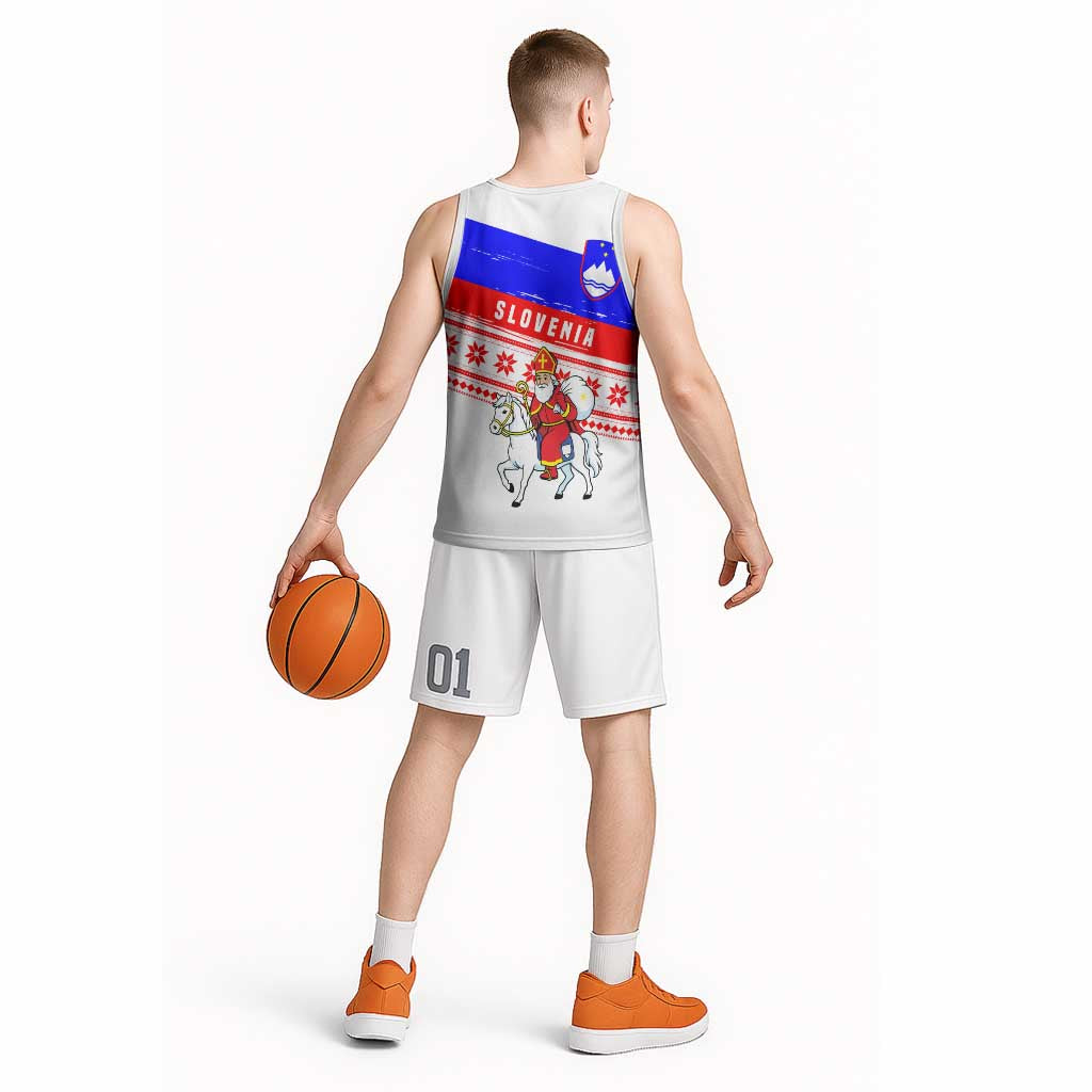 Slovenia Christmas Basketball Jersey with Saint Nicholas White Horse Snowflake Pattern and National Flag Design - Wonder Print Shop