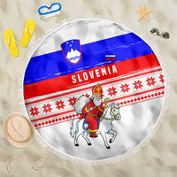Slovenia Christmas Beach Blanket with Saint Nicholas White Horse Snowflake Pattern and National Flag Design - Wonder Print Shop