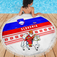Slovenia Christmas Beach Blanket with Saint Nicholas White Horse Snowflake Pattern and National Flag Design - Wonder Print Shop