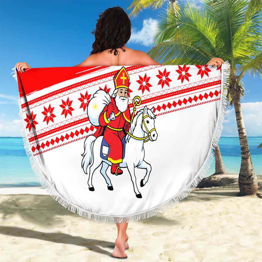 Slovenia Christmas Beach Blanket with Saint Nicholas White Horse Snowflake Pattern and National Flag Design - Wonder Print Shop