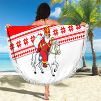 Slovenia Christmas Beach Blanket with Saint Nicholas White Horse Snowflake Pattern and National Flag Design - Wonder Print Shop