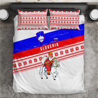 Slovenia Christmas Bedding Set with Saint Nicholas White Horse Snowflake Pattern and National Flag Design - Wonder Print Shop
