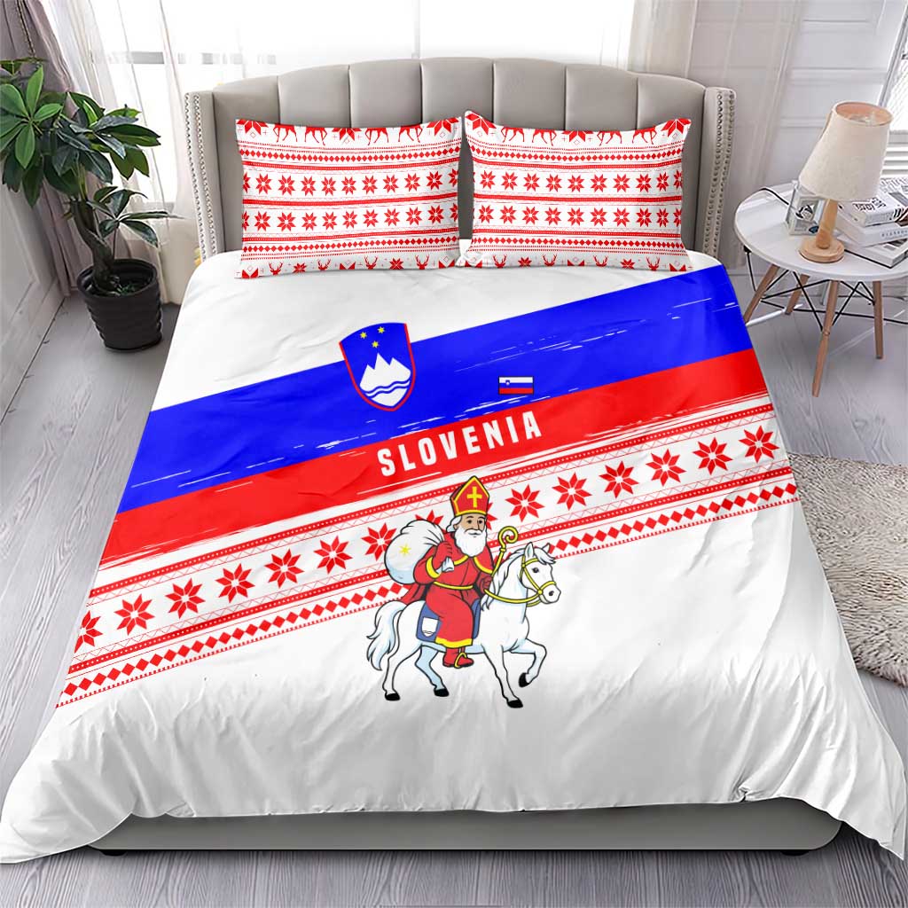 Slovenia Christmas Bedding Set with Saint Nicholas White Horse Snowflake Pattern and National Flag Design - Wonder Print Shop