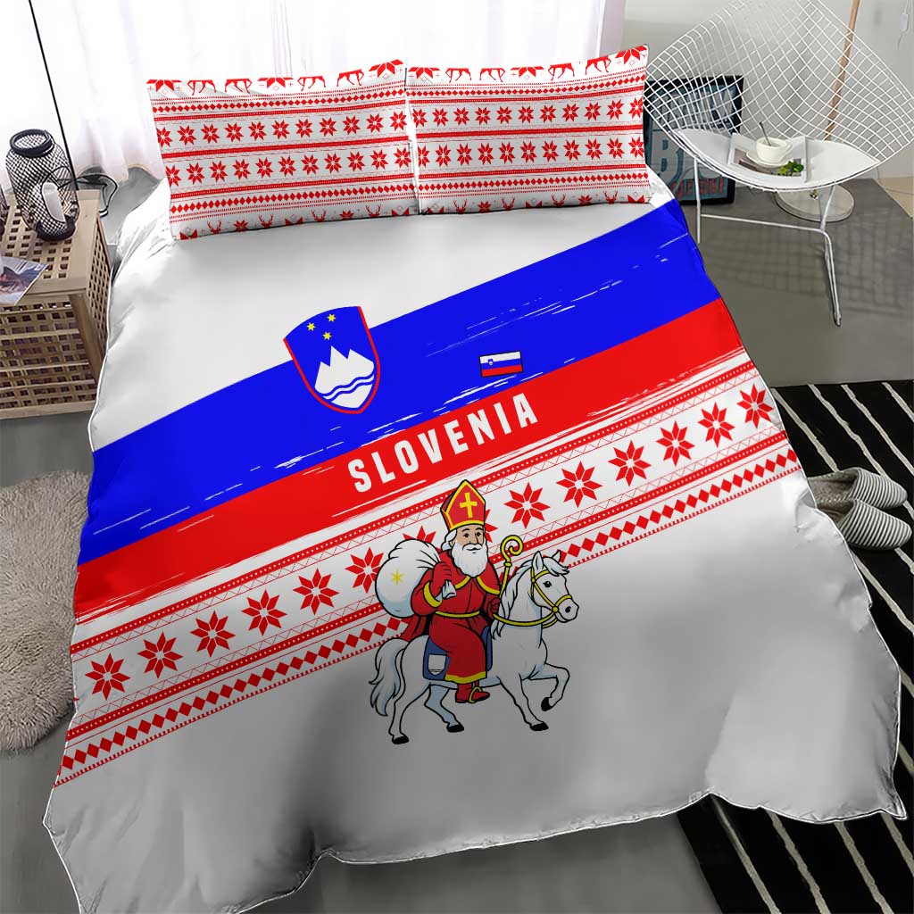 Slovenia Christmas Bedding Set with Saint Nicholas White Horse Snowflake Pattern and National Flag Design - Wonder Print Shop