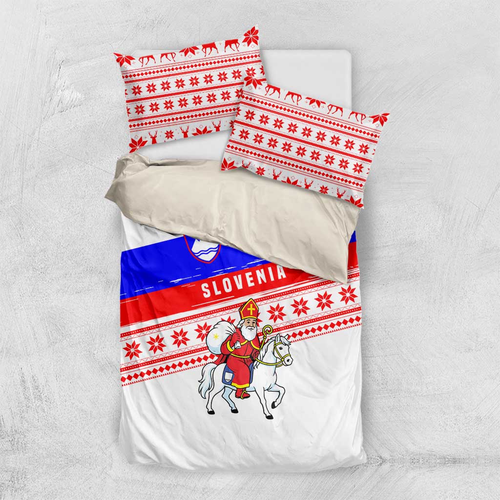 Slovenia Christmas Bedding Set with Saint Nicholas White Horse Snowflake Pattern and National Flag Design - Wonder Print Shop
