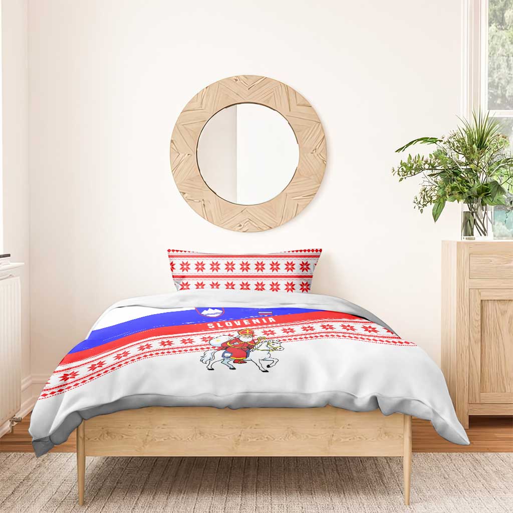 Slovenia Christmas Bedding Set with Saint Nicholas White Horse Snowflake Pattern and National Flag Design - Wonder Print Shop