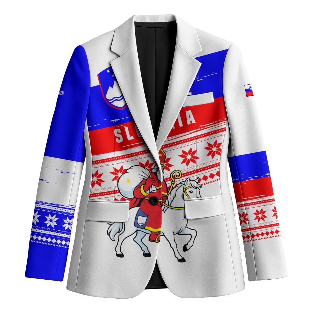 Slovenia Christmas Blazer with Saint Nicholas White Horse Snowflake Pattern and National Flag Design - Wonder Print Shop
