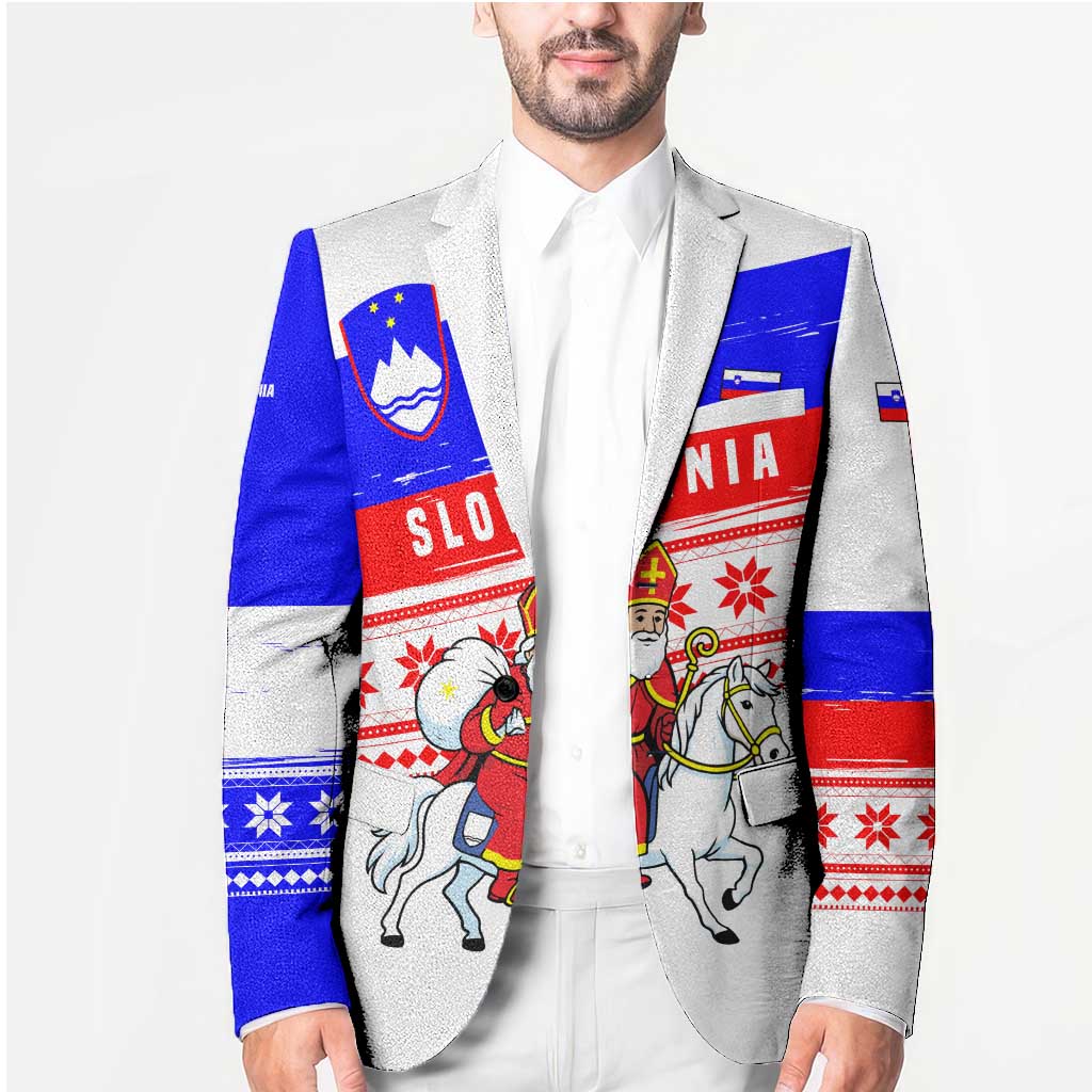 Slovenia Christmas Blazer with Saint Nicholas White Horse Snowflake Pattern and National Flag Design - Wonder Print Shop