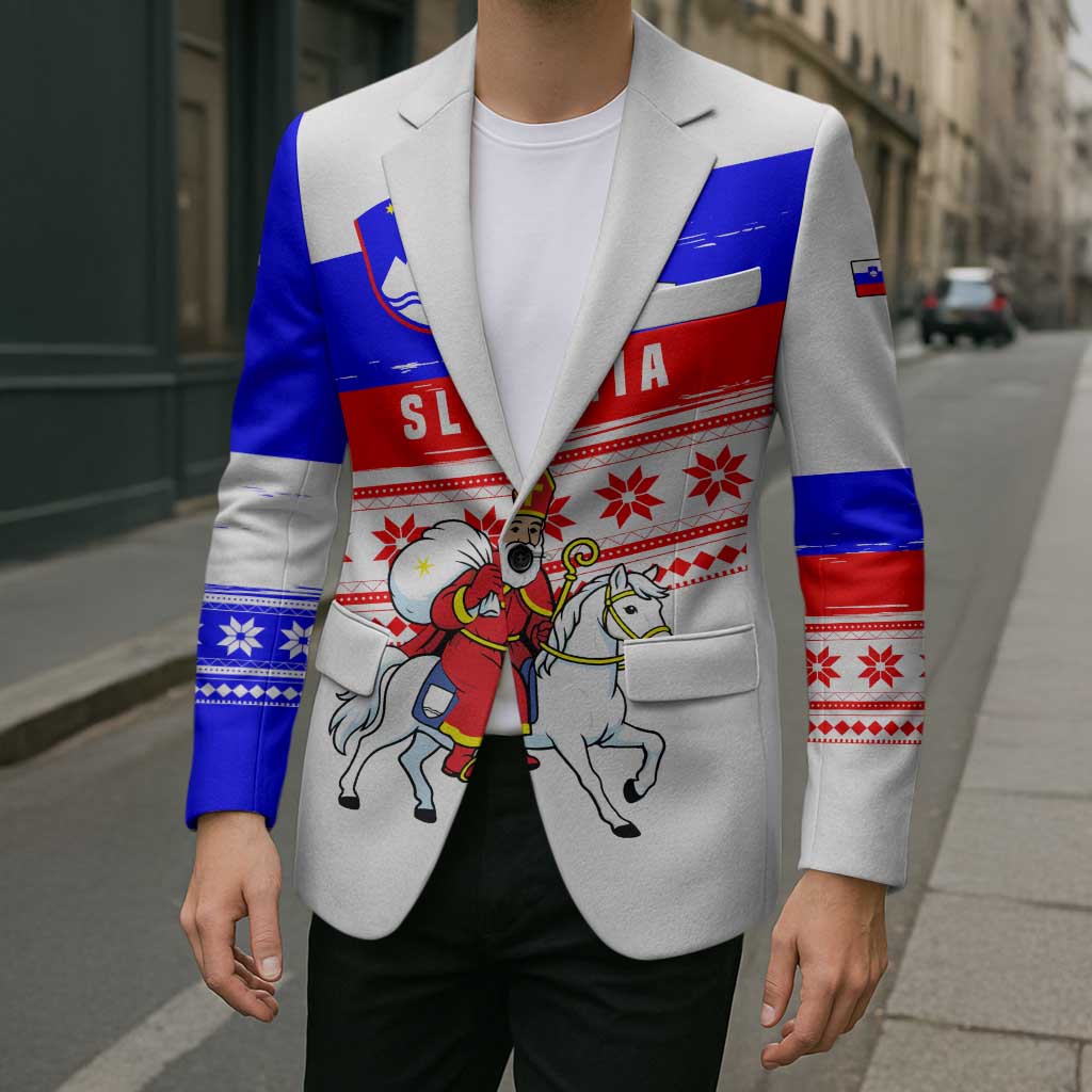 Slovenia Christmas Blazer with Saint Nicholas White Horse Snowflake Pattern and National Flag Design - Wonder Print Shop