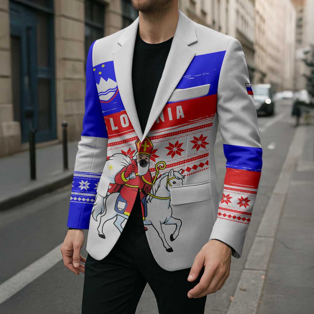Slovenia Christmas Blazer with Saint Nicholas White Horse Snowflake Pattern and National Flag Design - Wonder Print Shop