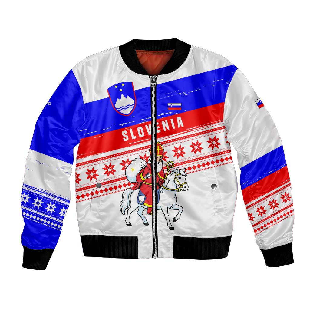 Slovenia Christmas Bomber Jacket with Saint Nicholas White Horse Snowflake Pattern and National Flag Design - Wonder Print Shop