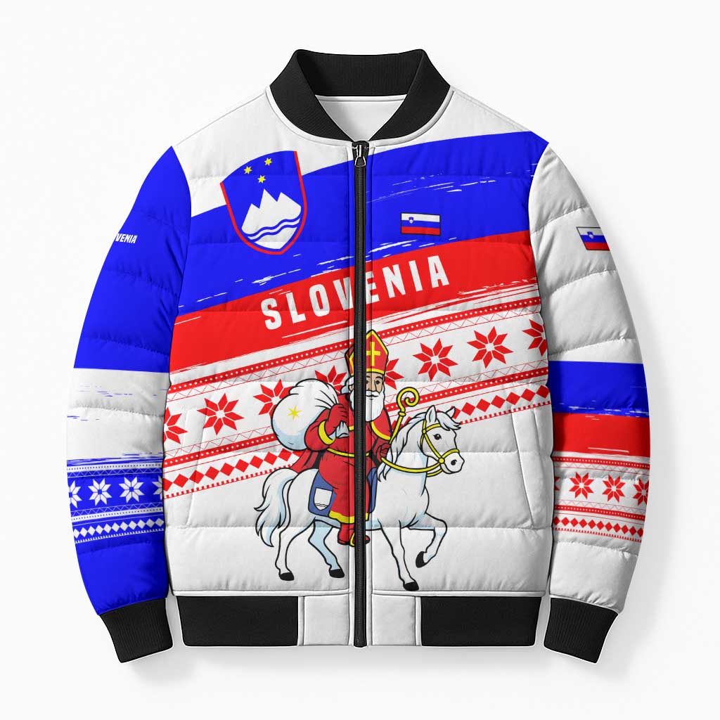 Slovenia Christmas Bomber Puffer Jacket with Saint Nicholas White Horse Snowflake Pattern and National Flag Design - Wonder Print Shop