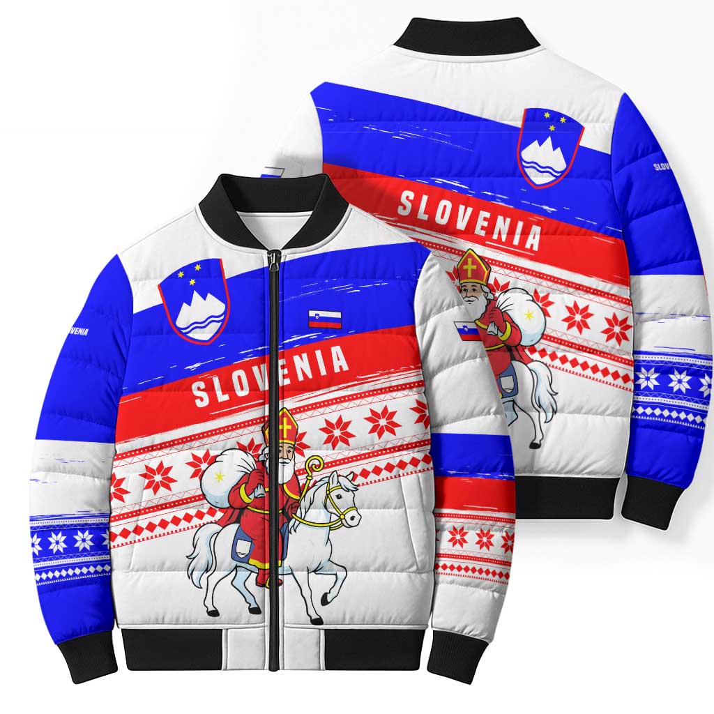 Slovenia Christmas Bomber Puffer Jacket with Saint Nicholas White Horse Snowflake Pattern and National Flag Design - Wonder Print Shop