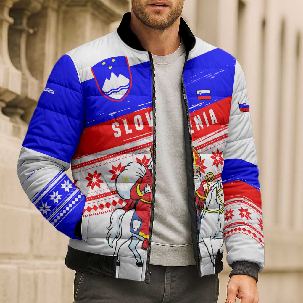 Slovenia Christmas Bomber Puffer Jacket with Saint Nicholas White Horse Snowflake Pattern and National Flag Design - Wonder Print Shop
