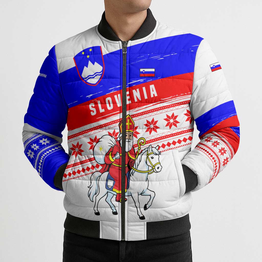 Slovenia Christmas Bomber Puffer Jacket with Saint Nicholas White Horse Snowflake Pattern and National Flag Design - Wonder Print Shop