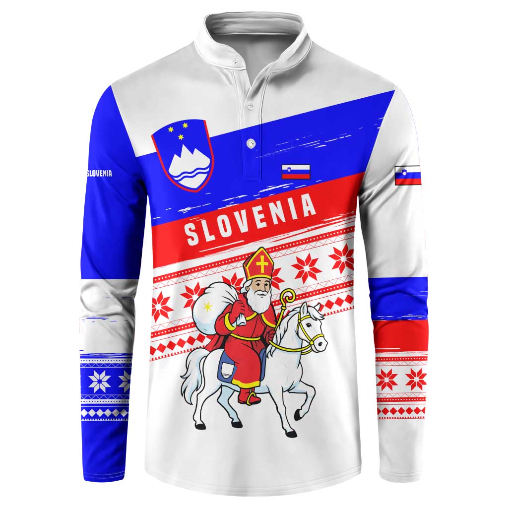 Slovenia Christmas Button Sweatshirt with Saint Nicholas White Horse Snowflake Pattern and National Flag Design - Wonder Print Shop