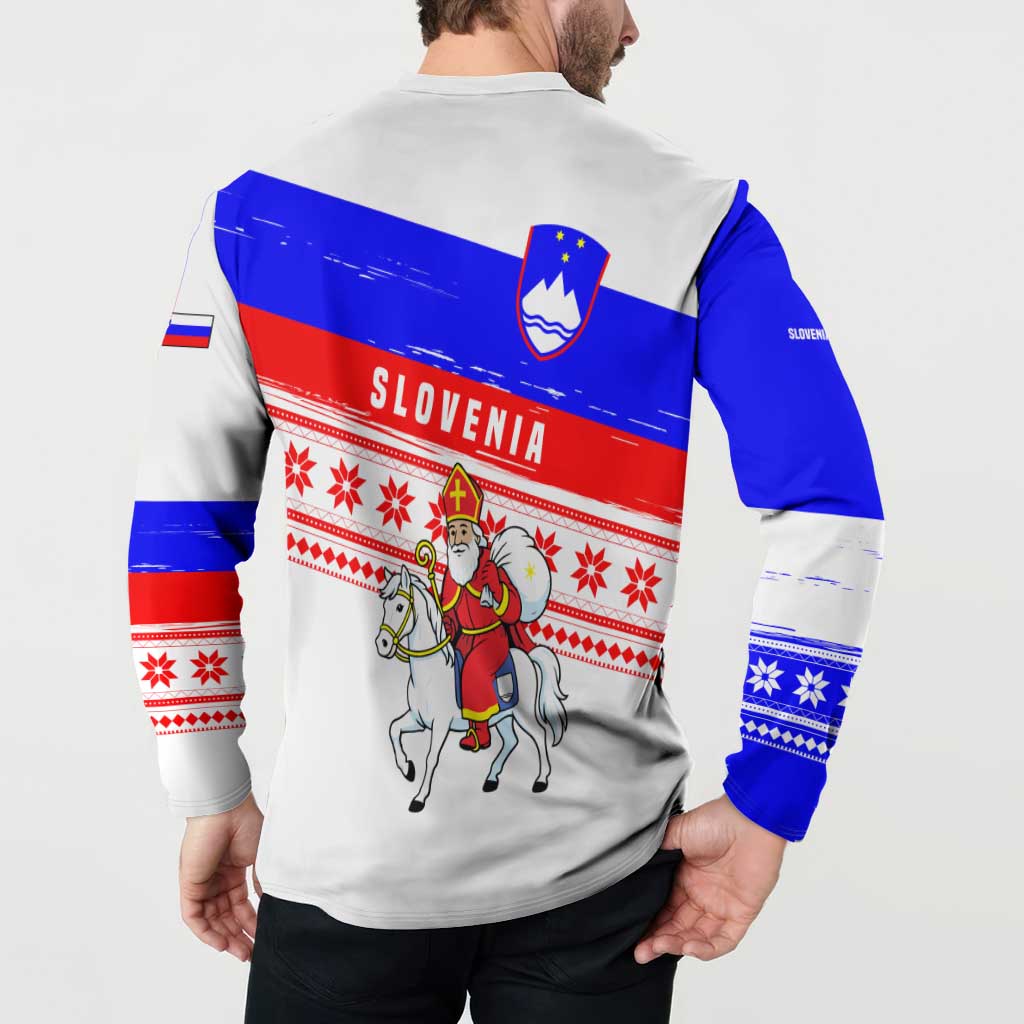 Slovenia Christmas Button Sweatshirt with Saint Nicholas White Horse Snowflake Pattern and National Flag Design - Wonder Print Shop