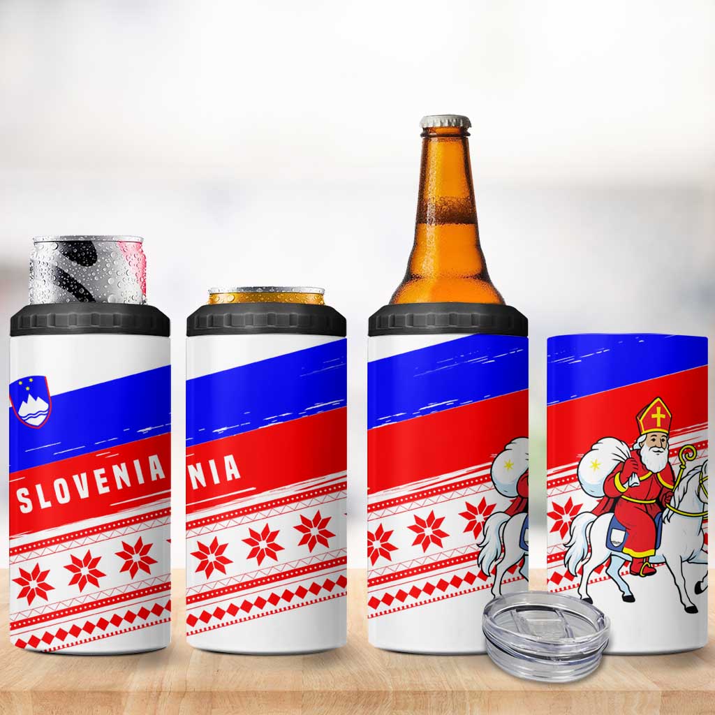 Slovenia Christmas 4 in 1 Can Cooler Tumbler with Saint Nicholas White Horse Snowflake Pattern and National Flag Design - Wonder Print Shop