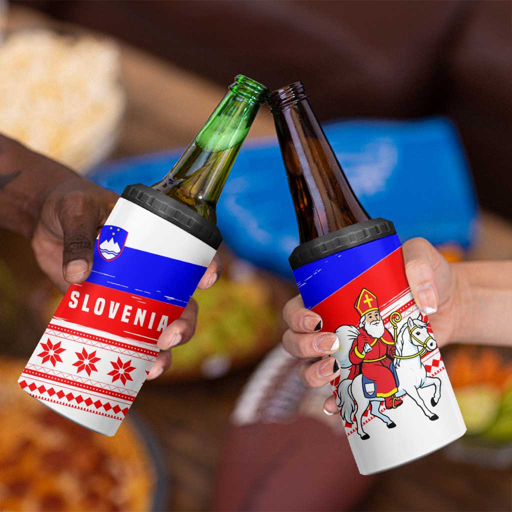 Slovenia Christmas 4 in 1 Can Cooler Tumbler with Saint Nicholas White Horse Snowflake Pattern and National Flag Design - Wonder Print Shop