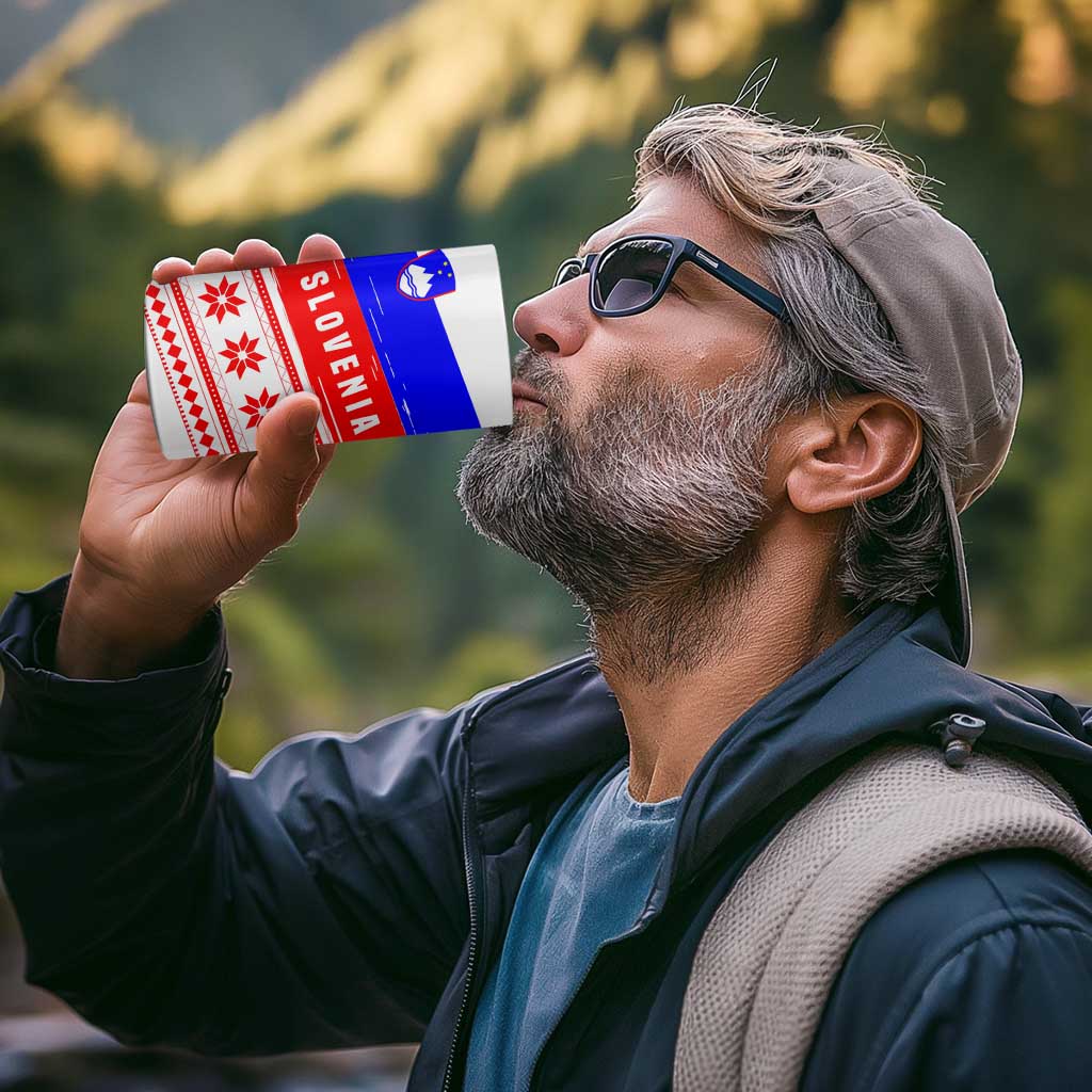 Slovenia Christmas 4 in 1 Can Cooler Tumbler with Saint Nicholas White Horse Snowflake Pattern and National Flag Design - Wonder Print Shop