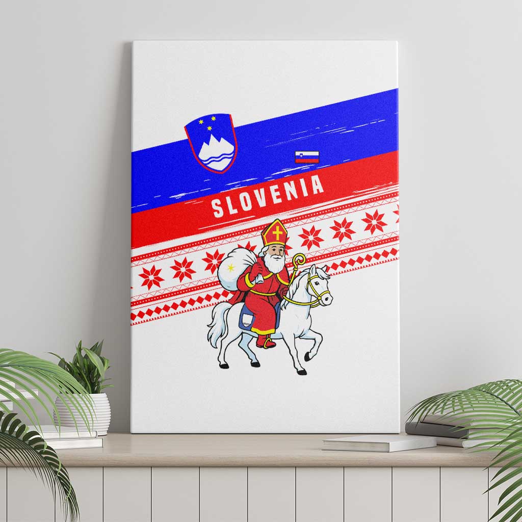 Slovenia Christmas Canvas Wall Art with Saint Nicholas White Horse Snowflake Pattern and National Flag Design - Wonder Print Shop