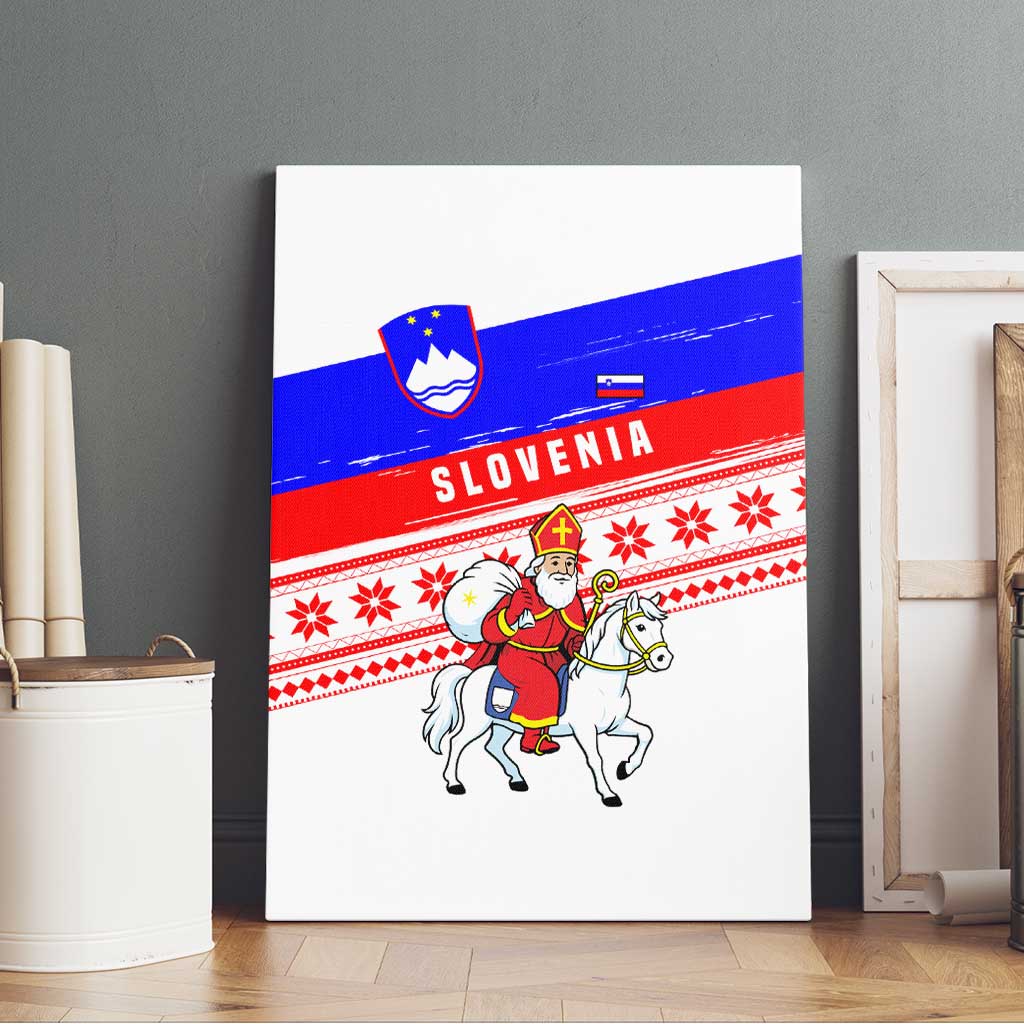 Slovenia Christmas Canvas Wall Art with Saint Nicholas White Horse Snowflake Pattern and National Flag Design - Wonder Print Shop