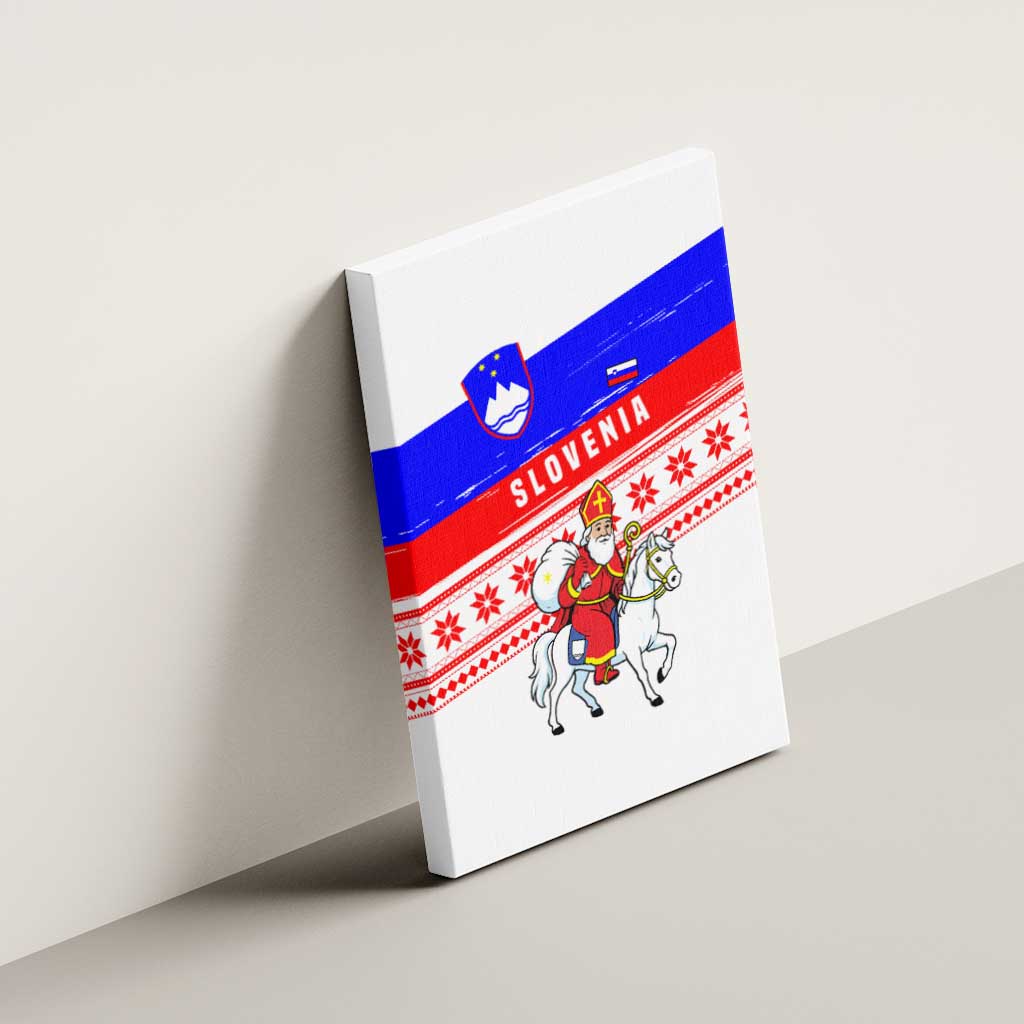 Slovenia Christmas Canvas Wall Art with Saint Nicholas White Horse Snowflake Pattern and National Flag Design - Wonder Print Shop