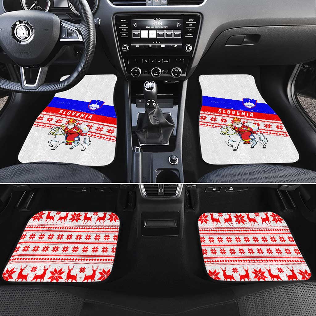 Slovenia Christmas Car Mats with Saint Nicholas White Horse Snowflake Pattern and National Flag Design - Wonder Print Shop